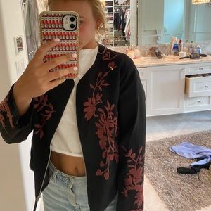 Black blazer/jacket with red embroidered flowers